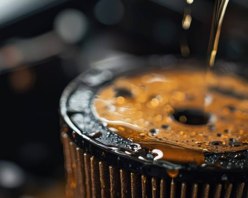 Detailed close-up image of an engine oil filter during maintenance, showcasing the flow of oil and the essential role of filtering in vehicle performance.