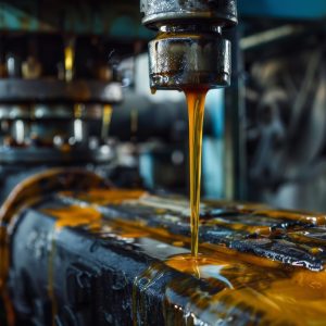In an industrial workshop, machinery dispenses vibrant orange oil, highlighting the critical lubrication process essential for equipment maintenance and efficiency.